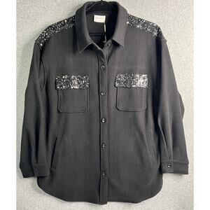 Allie Rose Black Sequin Yoke Ribbed Knit Button Front Jacket Size L